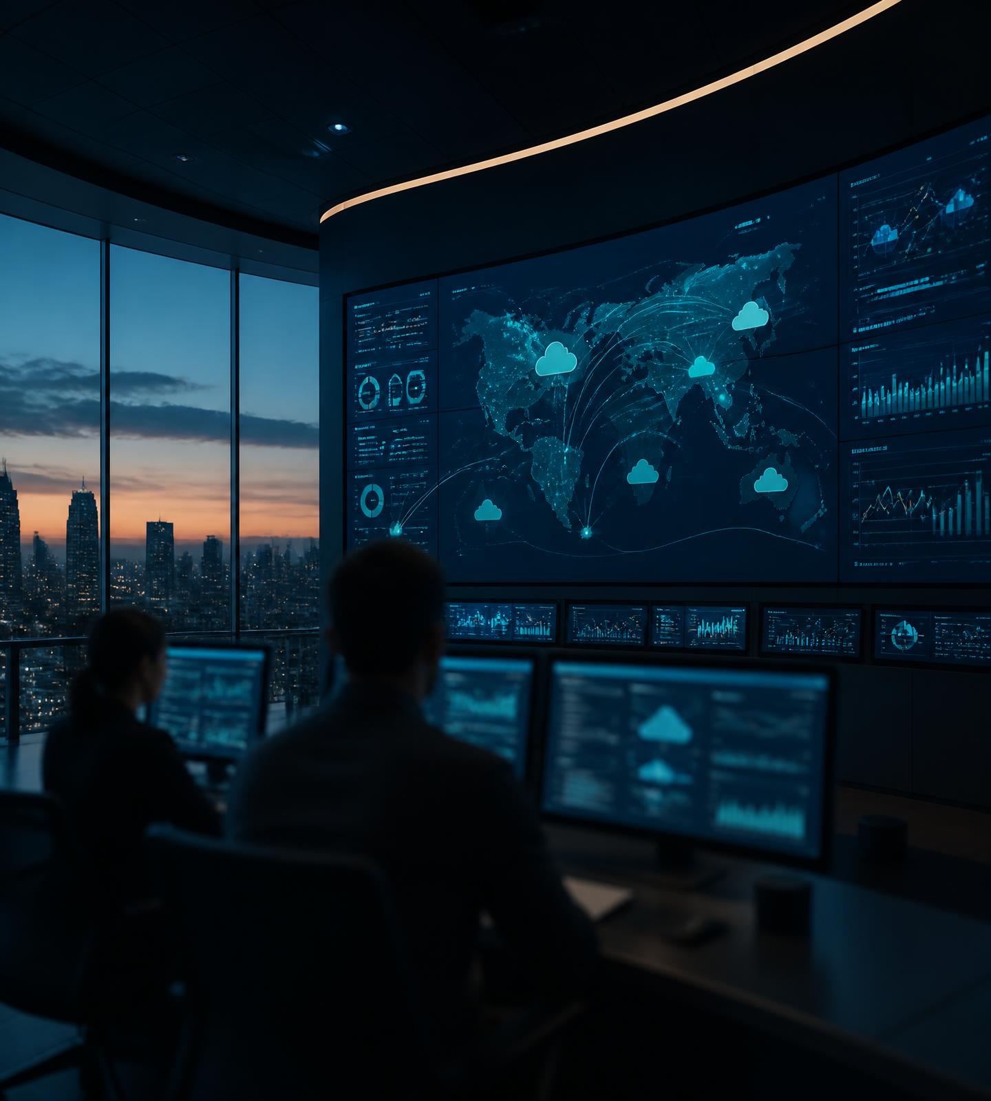 Centro de operações de TI com painéis de topologia de rede, nuvem e indicadores de infraestrutura