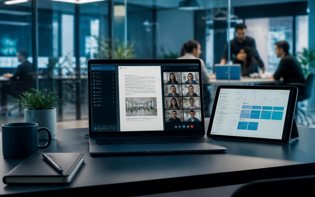 Ambiente de trabalho digital com colaboração em documentos, reunião online e agenda corporativa