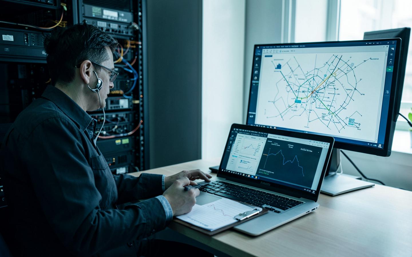 Profissional avaliando documentação e mapa técnico de infraestrutura ao lado de racks de servidores